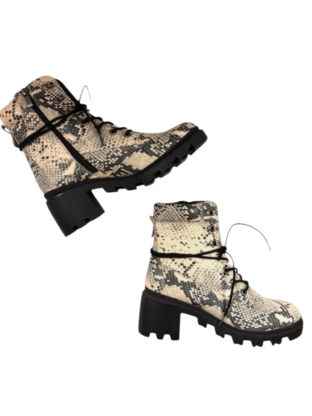 Madden Girl Dillian Snake Print Tie Ankle Hike Combat Rugged Block Heel Boots 8